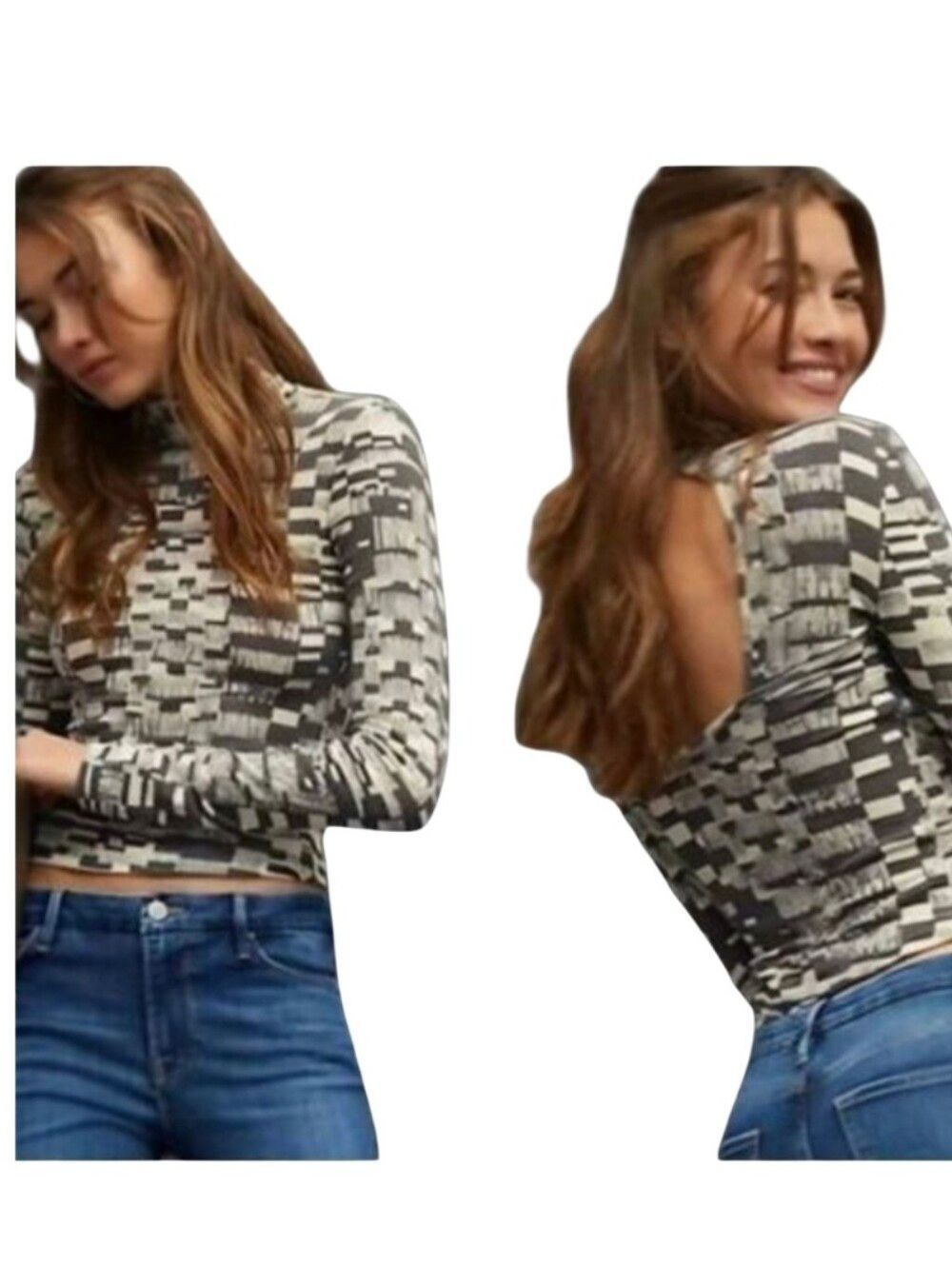 Anthropologie Daily Practice Open Twist Back Mock Neck in Grey Multi Size Small